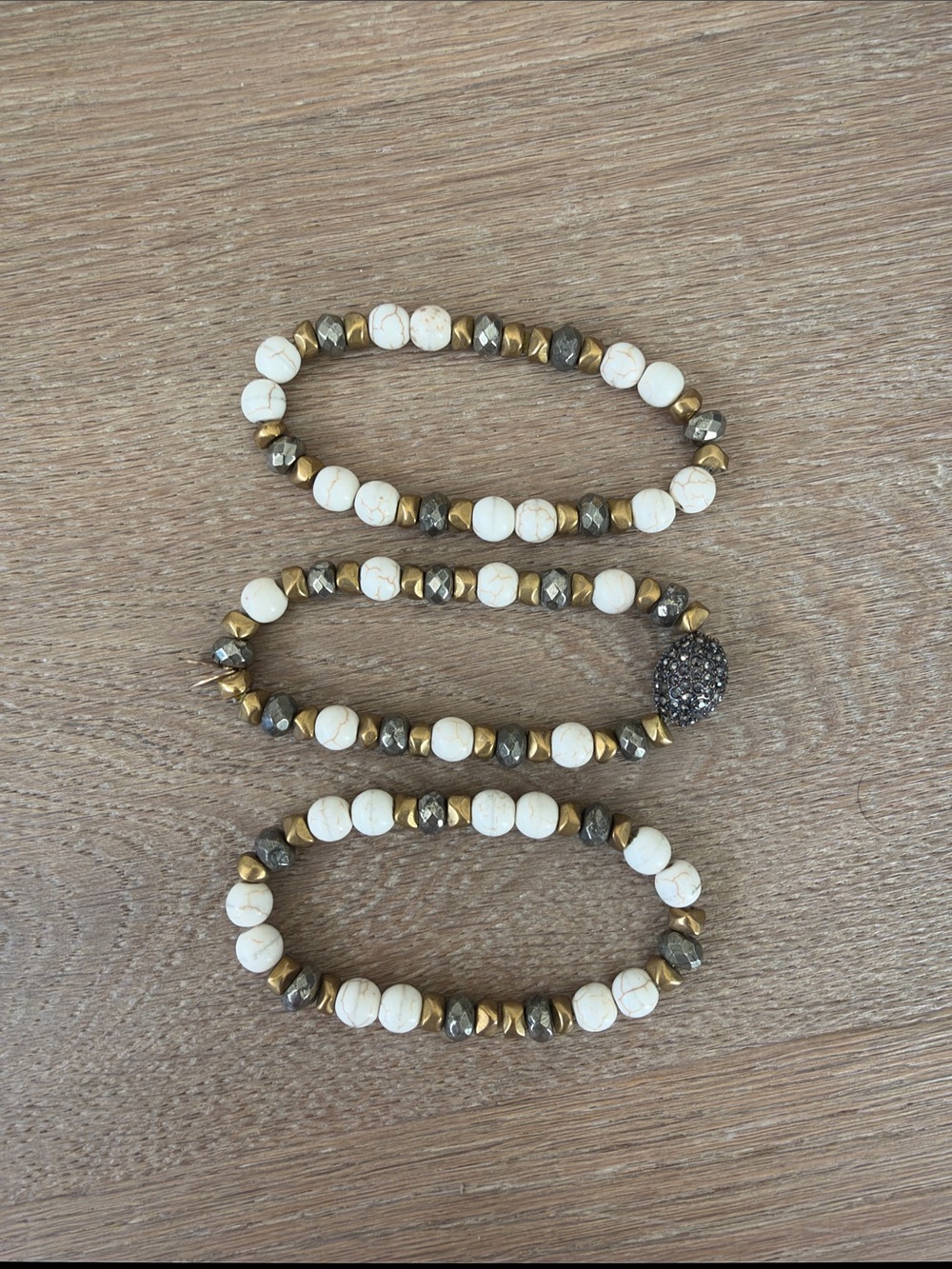 Hip Chik Stackable White and Gold Beaded Bracelet Set